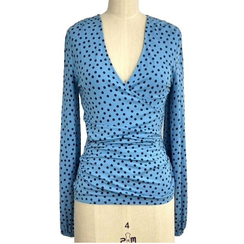 Boden Shirt Size‎ 6 Women Blue Elodie Faux Wrap Top Polka Dot Puff Sleeve Jersey